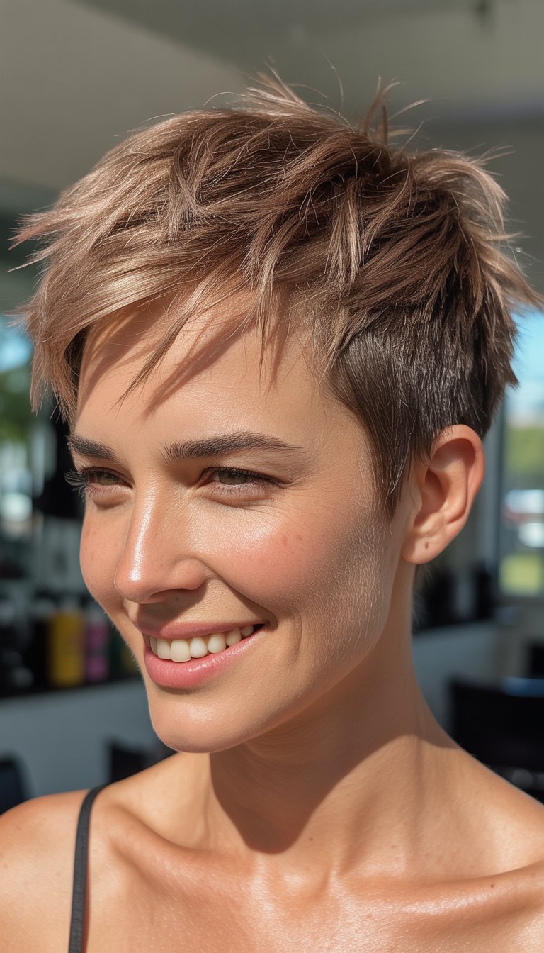 A smiling woman with short spiky hair in a softly blurred background, photographed in natural light.