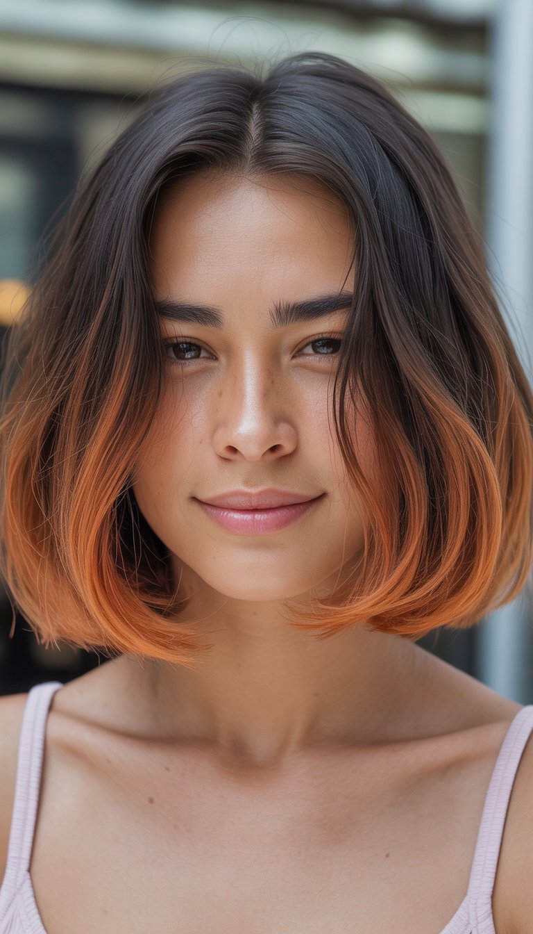 A smiling woman with a short bob hairstyle and vibrant hair color, photographed in natural light.