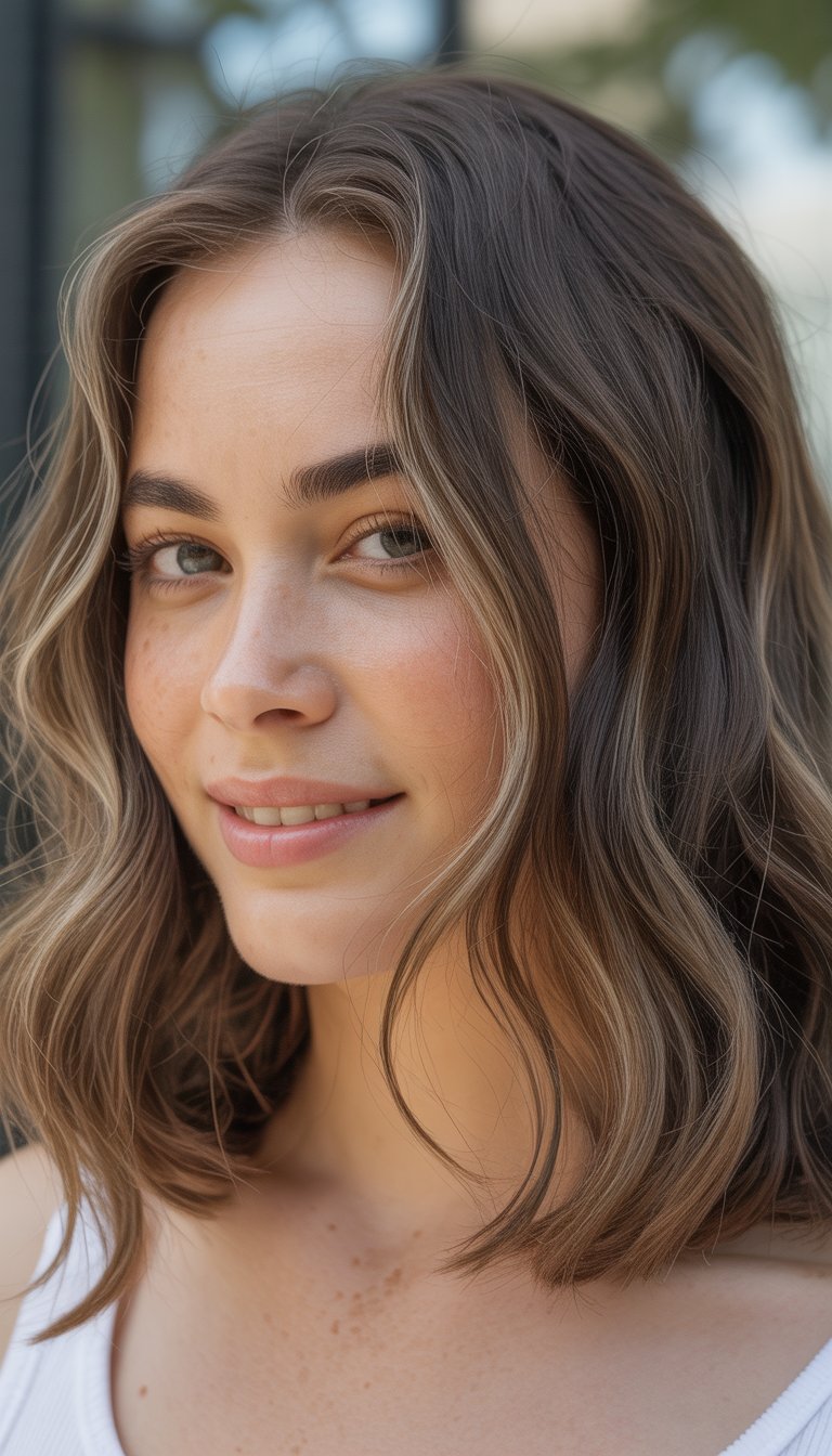 Close-up portrait of a smiling woman with wavy hair, looking at the camera against a softly blurred background.