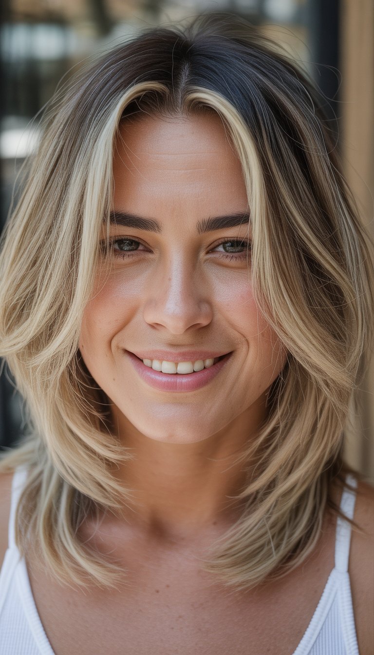 Portrait of a smiling woman with layered blonde hair and dark roots.
