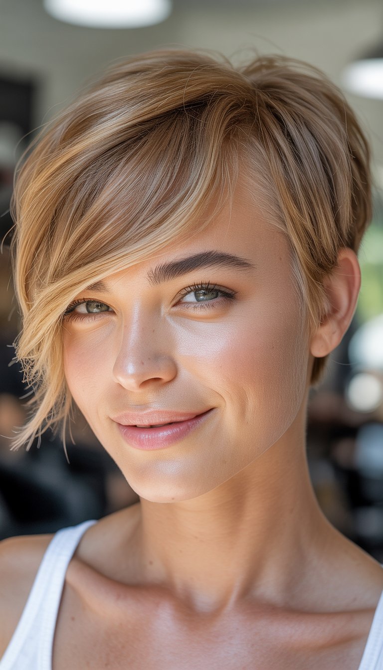 A close-up photo of a smiling woman with short hair, looking slightly to the side against a softly blurred background.