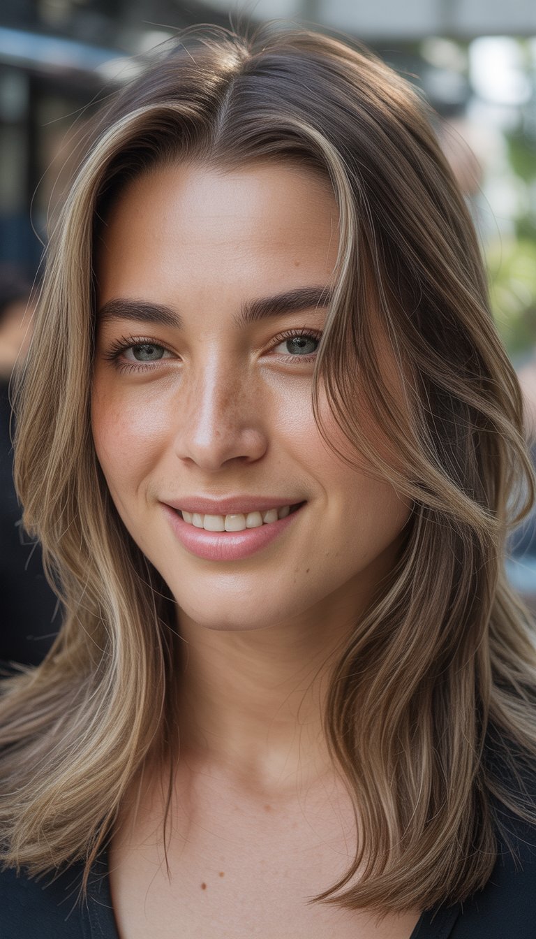 A close-up photo of a woman smiling gently with long layered hair, looking towards the camera.