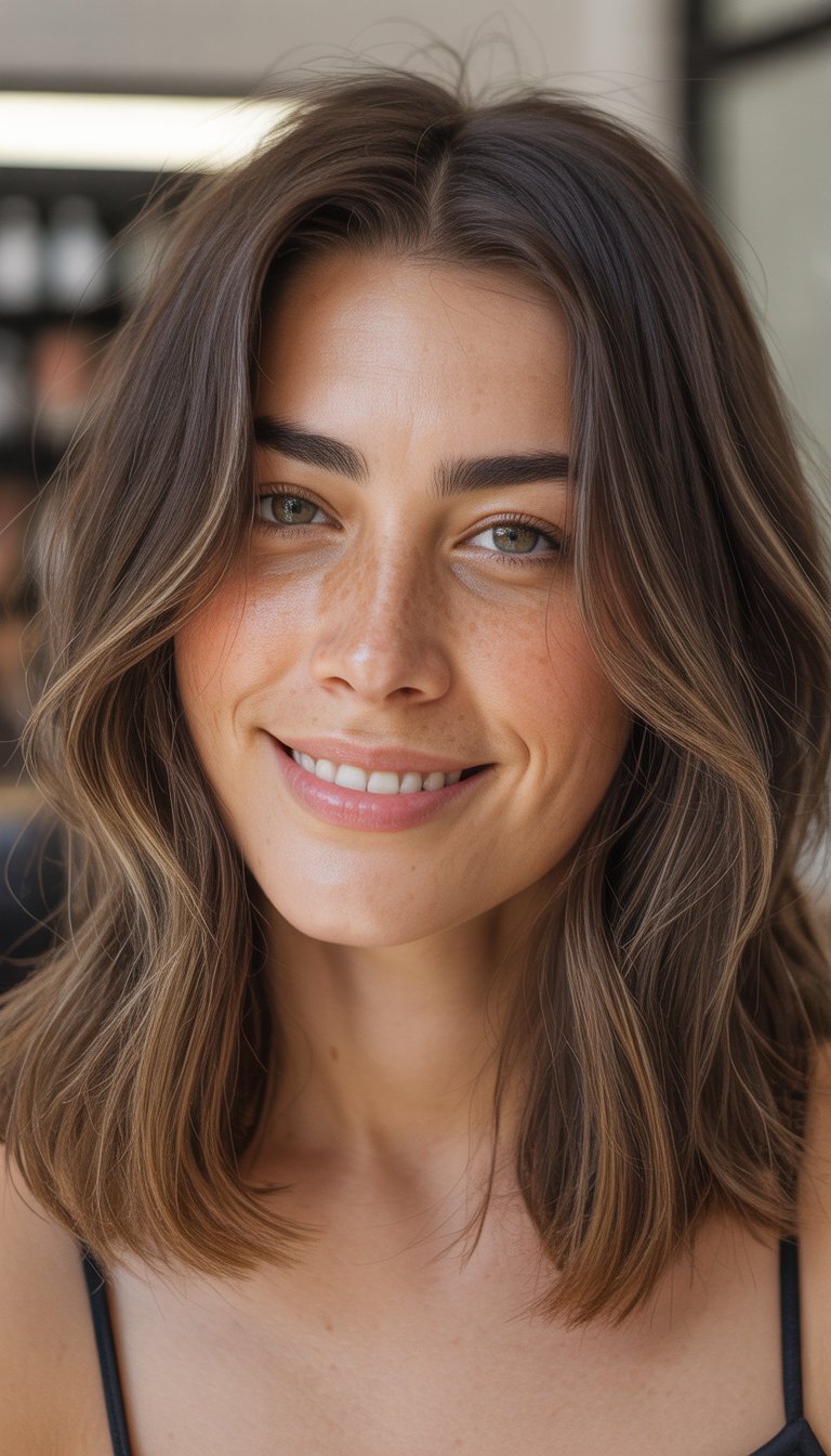 A woman with shoulder-length brunette hair and balayage highlights smiling naturally in a softly lit photo.