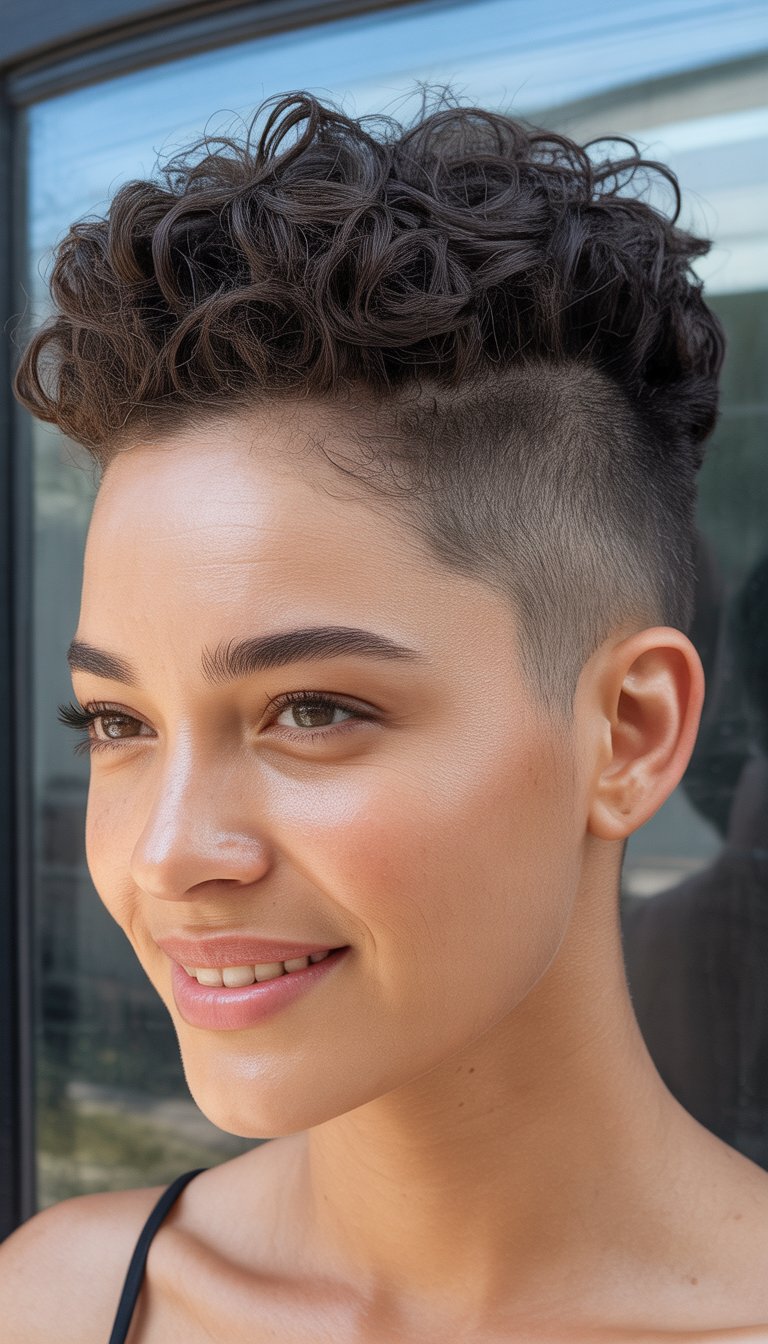 A smiling woman with short curly hair and a fade haircut, photographed in natural light.