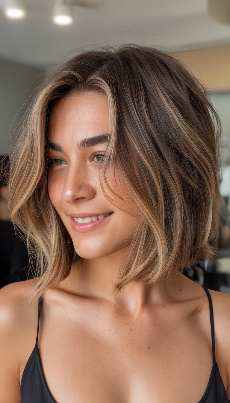 A smiling woman with shoulder-length hair in a softly blurred background, photographed with natural lighting.