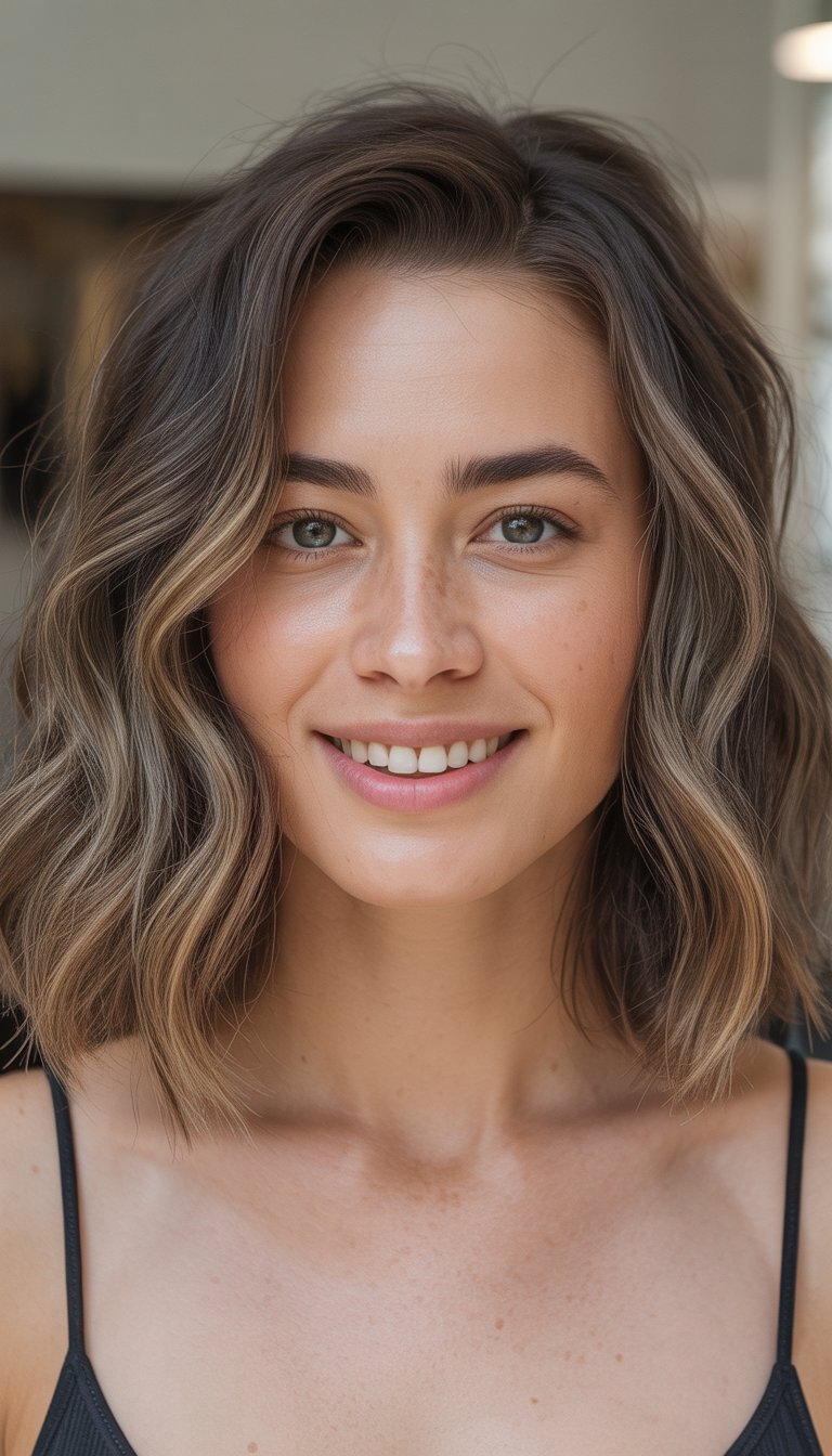 A smiling woman with wavy shoulder-length hair and subtle highlights, photographed against a plain background.