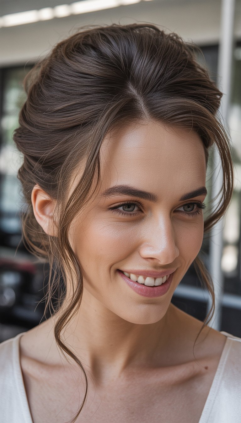 A smiling woman with an elegant wedding updo hairstyle, photographed in natural light with a softly blurred background.