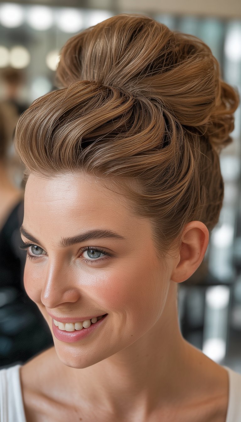 Close-up photo of a smiling woman with an elegant updo hairstyle, softly blurred background.