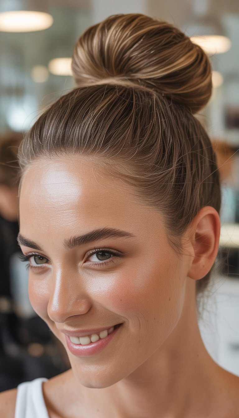 A woman smiling with her hair styled in a high bun, photographed closely with soft lighting.