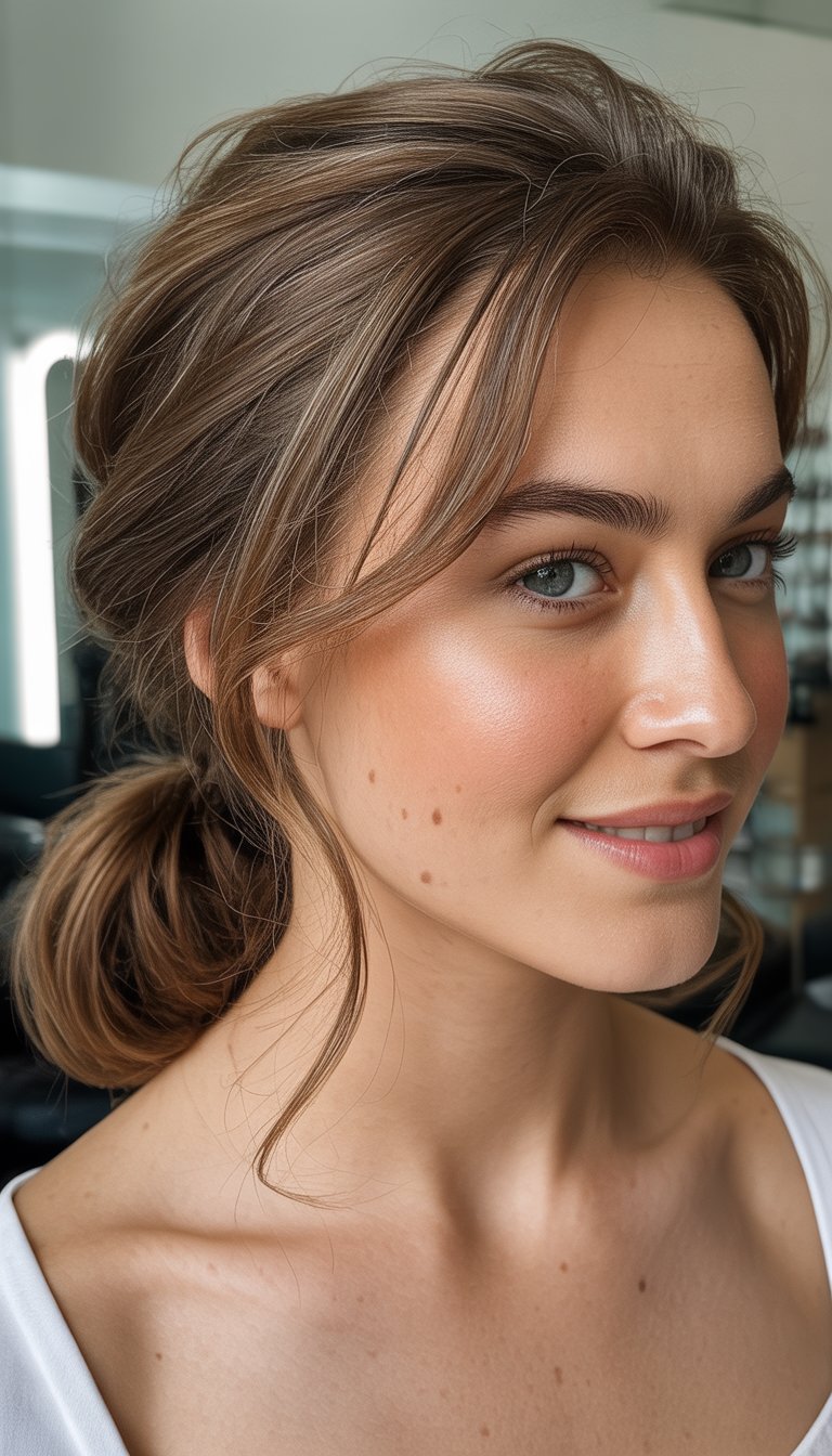 A close-up photo of a smiling woman with a low ponytail hairstyle, captured in soft natural light.
