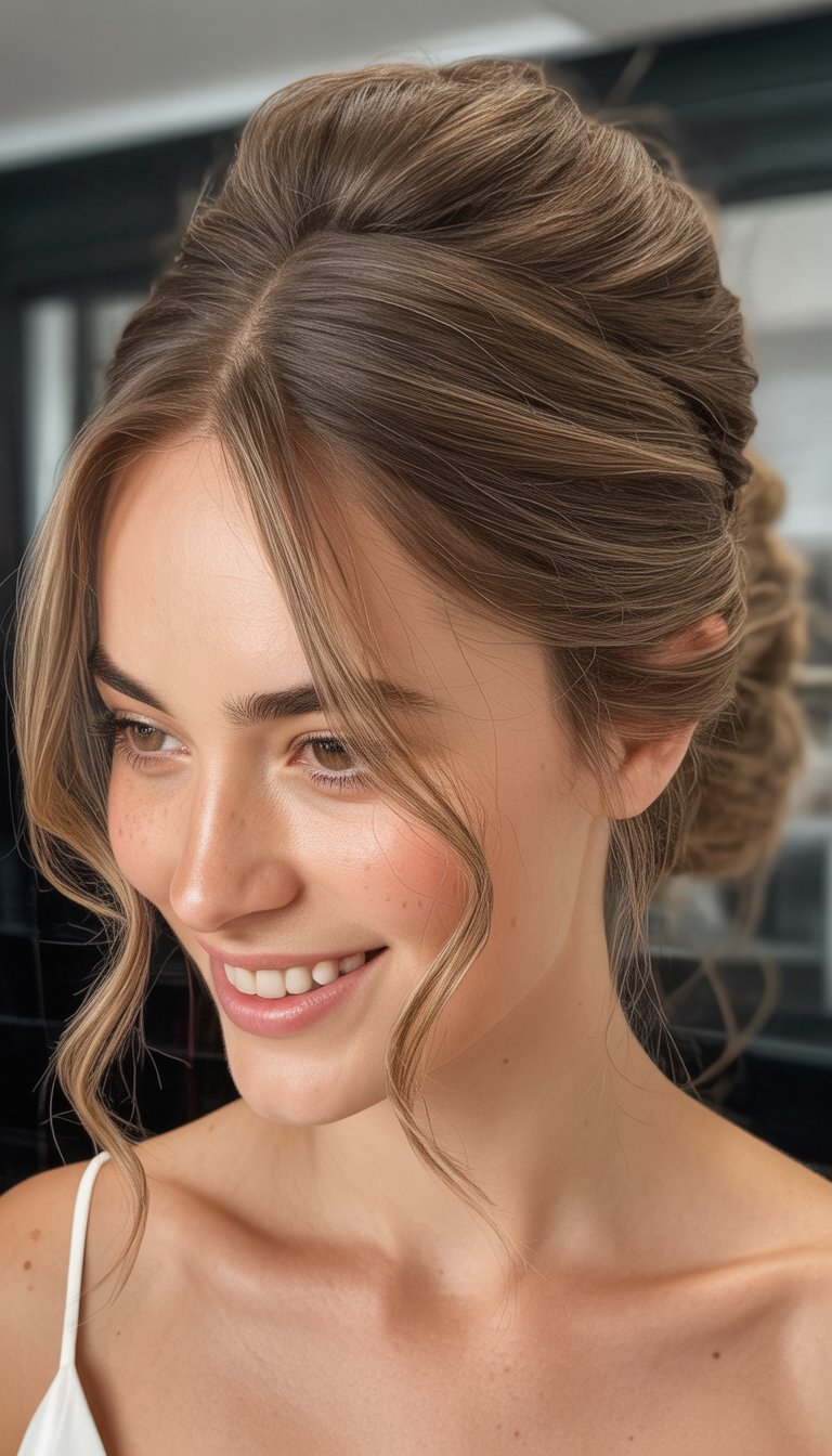 A close-up photo of a smiling woman with a half-up hairstyle, showing her face and hair clearly in natural light.