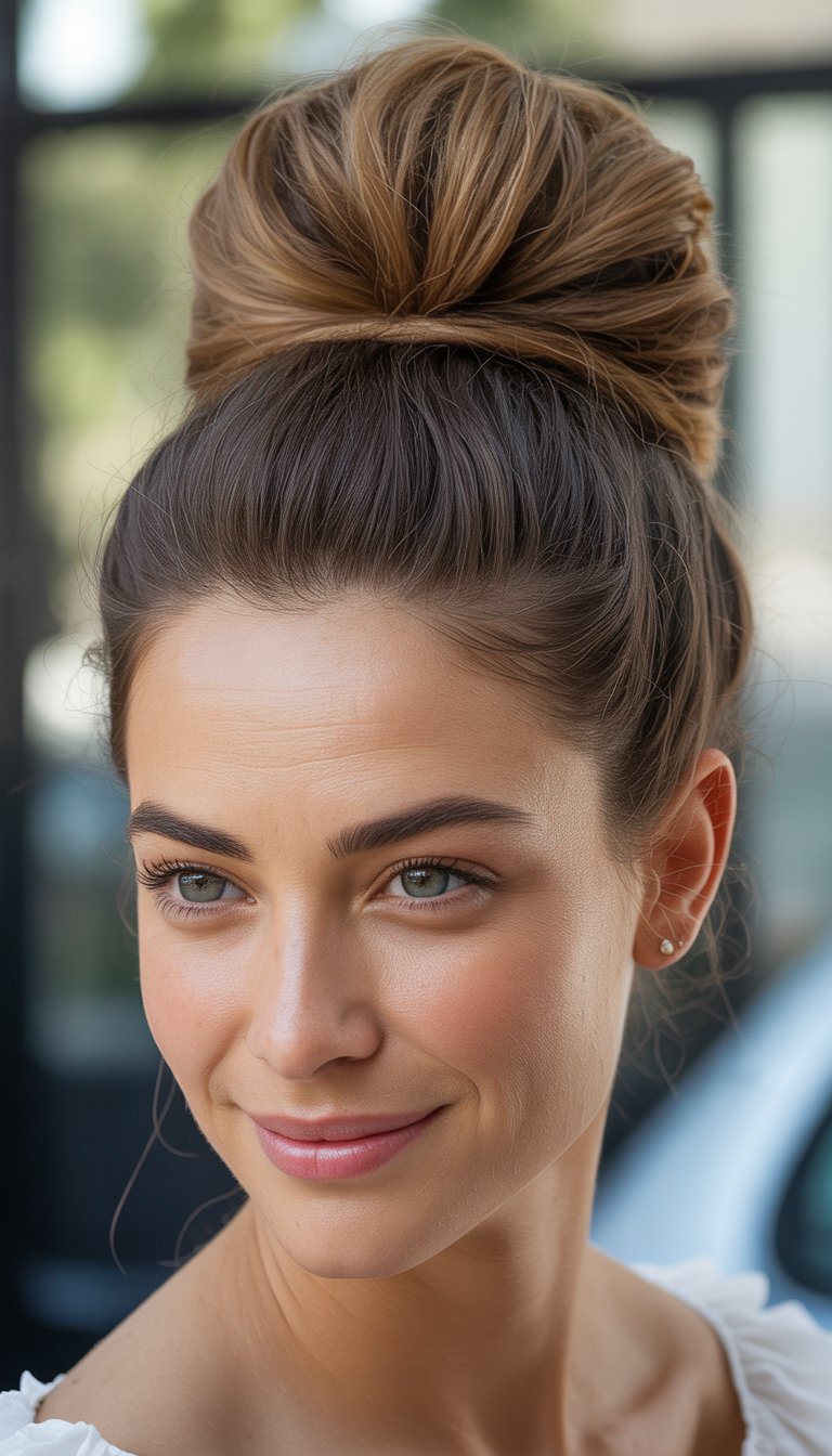 A close-up photo of a woman with a voluminous top knot hairstyle and a natural smile, taken in soft natural light.
