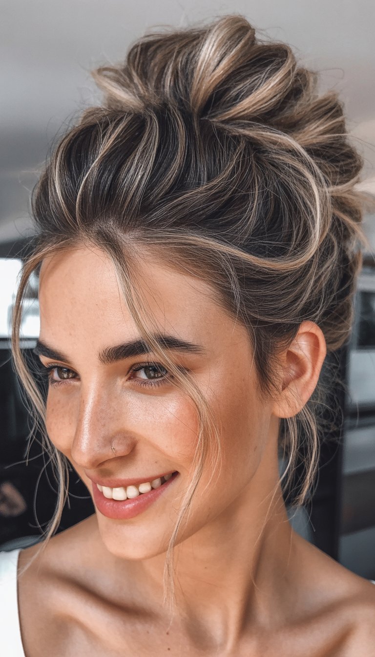 Close-up photo of a smiling woman with a messy bun hairstyle and loose strands of hair around her face.