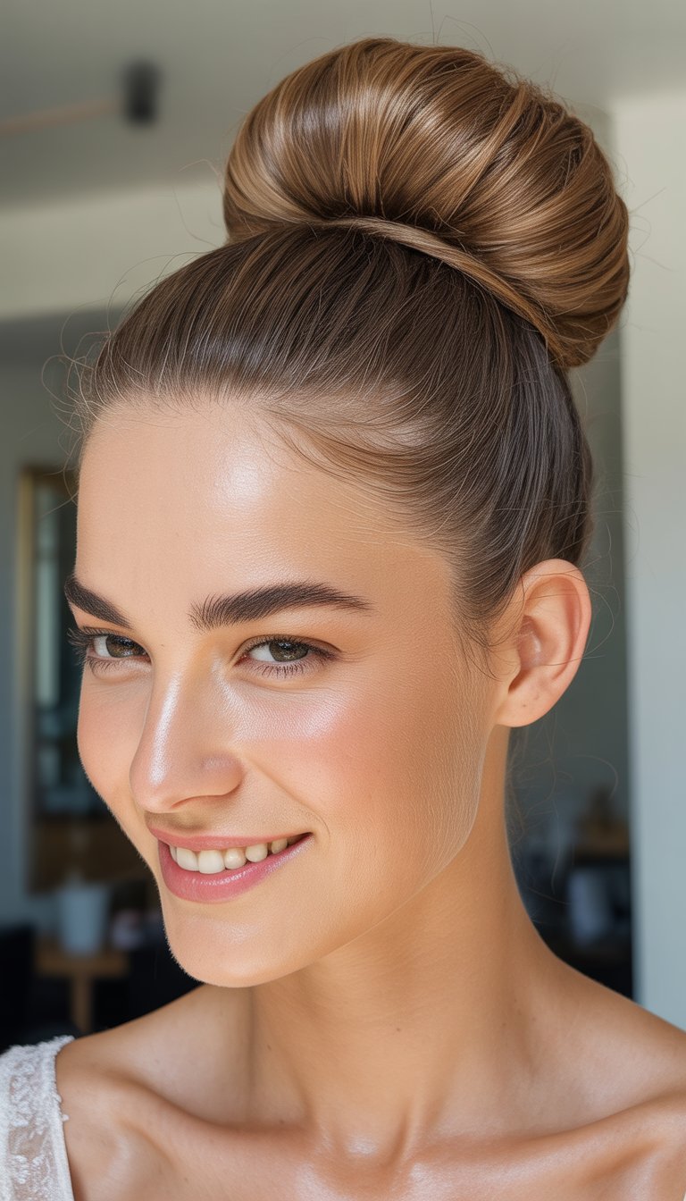 A woman smiling gently with her hair styled in a smooth bun, photographed in natural light with a neutral background.