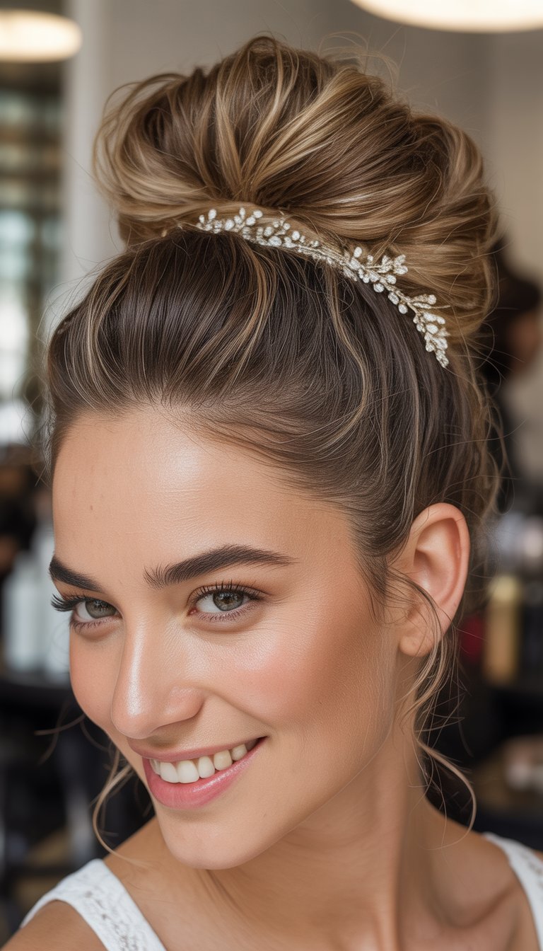 Close-up photo of a smiling woman with a textured bun hairstyle decorated with hair accessories.