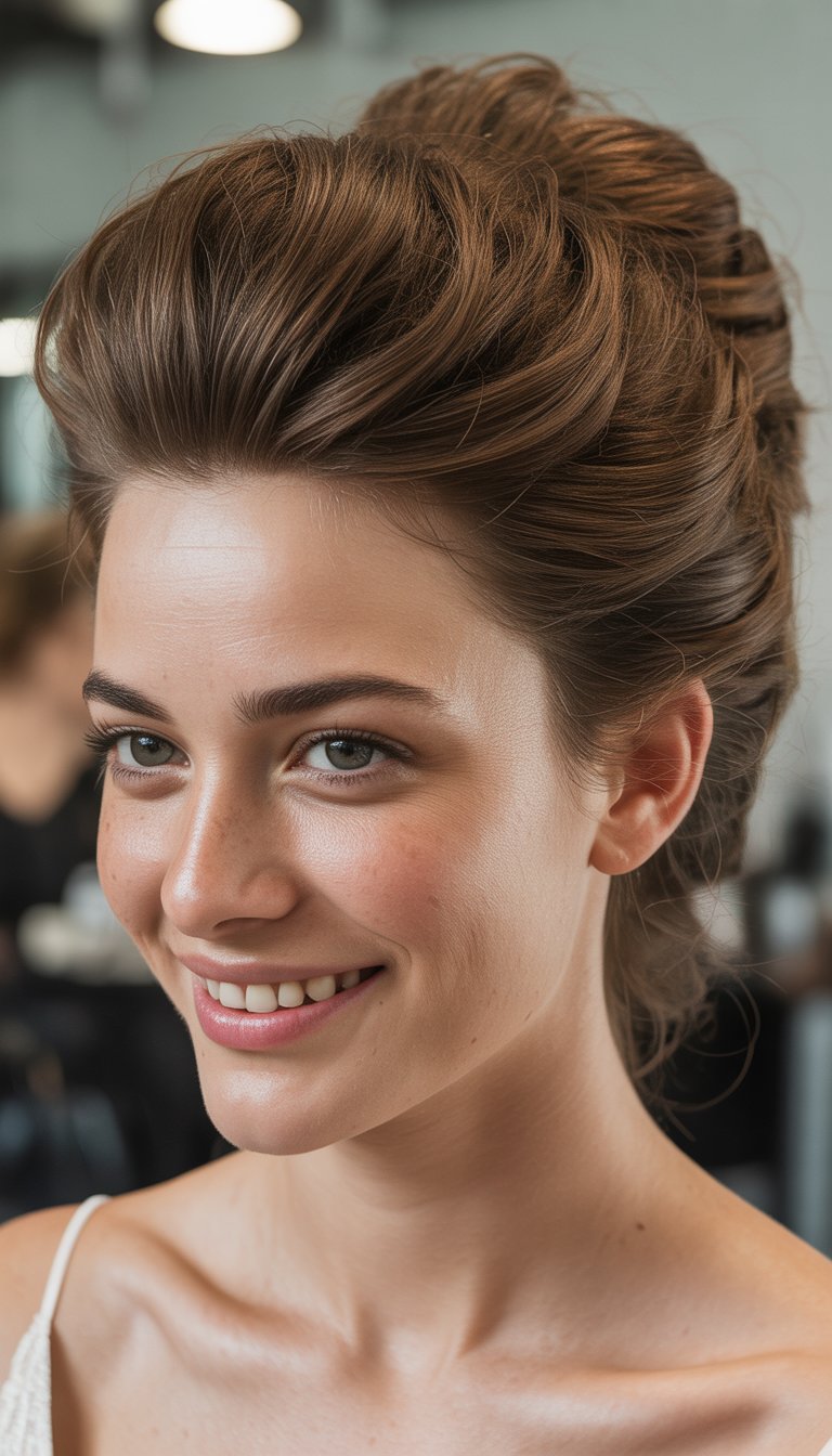 A smiling woman with an elegant updo hairstyle, photographed close-up with soft lighting and a blurred background.