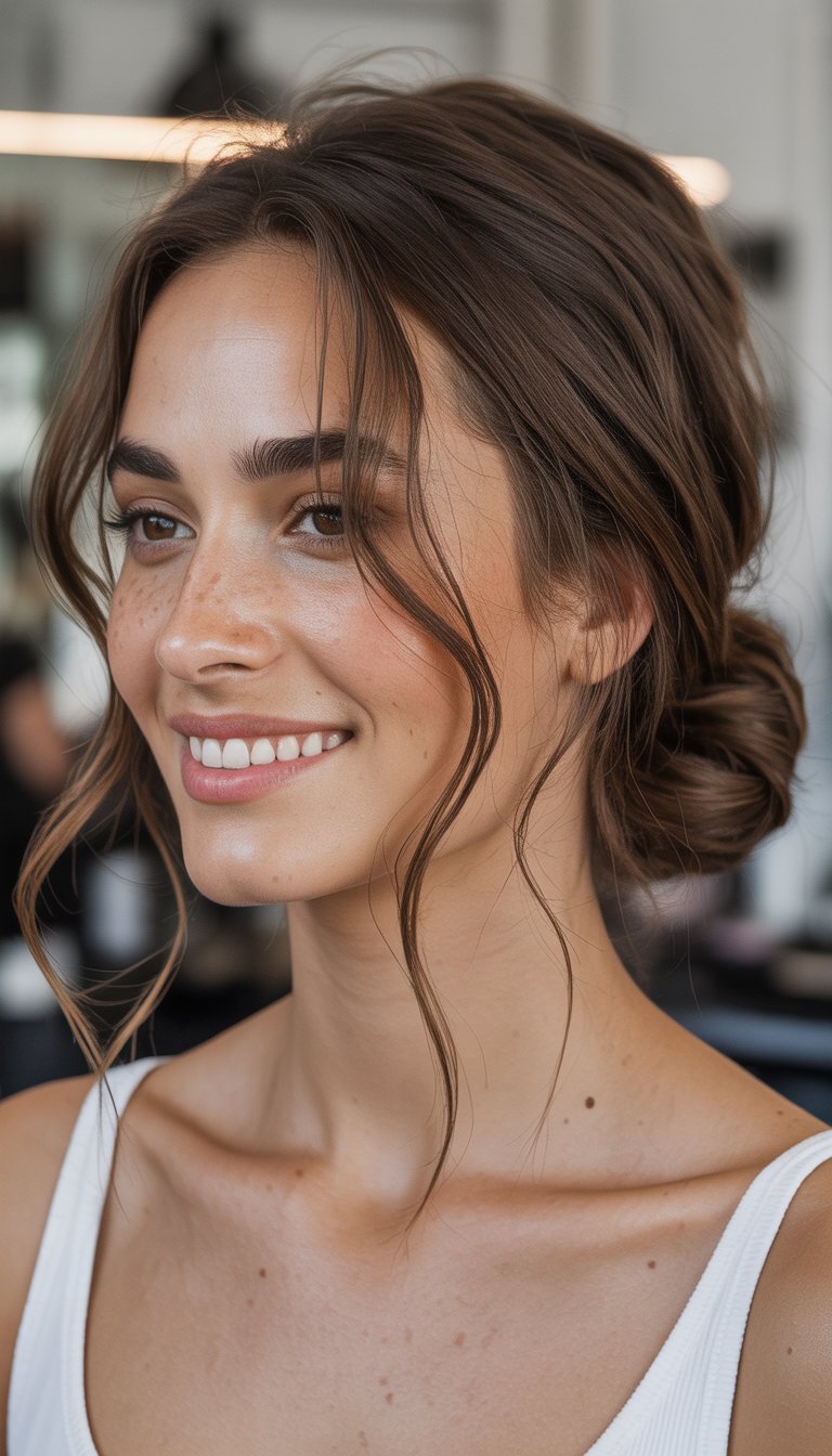 A woman with a loose low bun and face-framing hair strands smiling softly in a softly lit indoor setting.