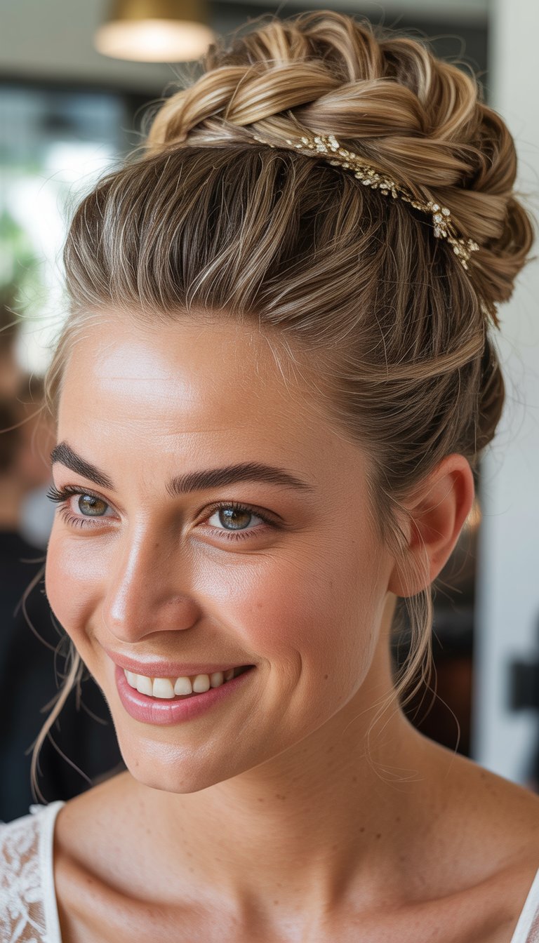 Close-up photo of a woman smiling with her hair styled in a braided bun decorated with gold accents.