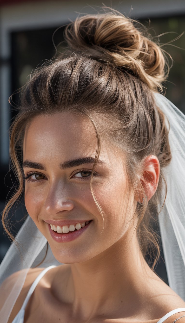 A close-up photo of a woman smiling gently with her hair styled in a messy bun and a veil, taken in natural light.