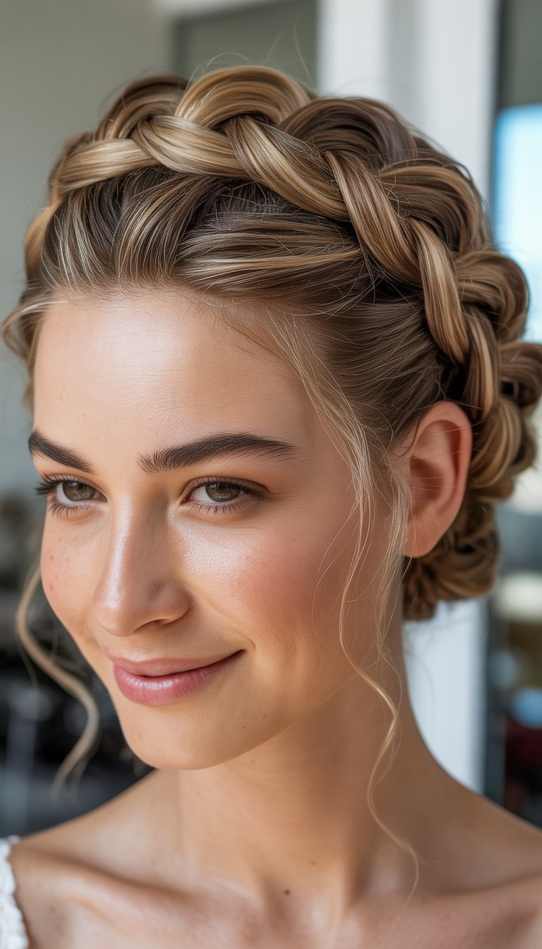 A close-up photo of a smiling woman with an elegant braided hairstyle, looking slightly to the side.