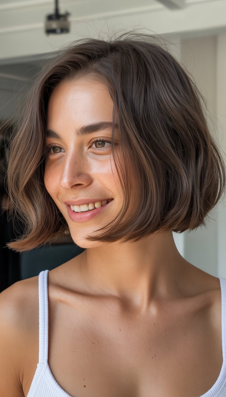 A person with a short bob haircut and a white tank top, smiling and looking to the side.
