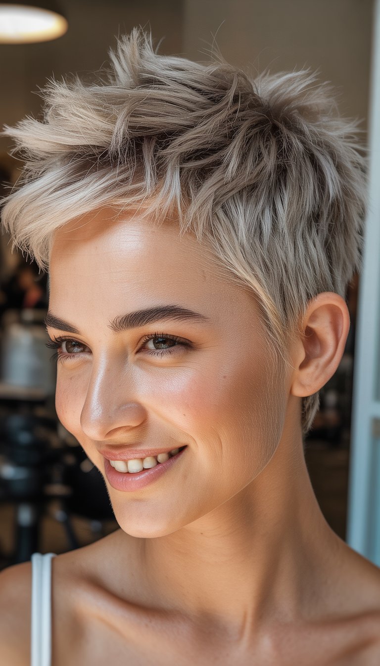 A close-up photo of a smiling woman with short spiky hair, looking directly at the camera.