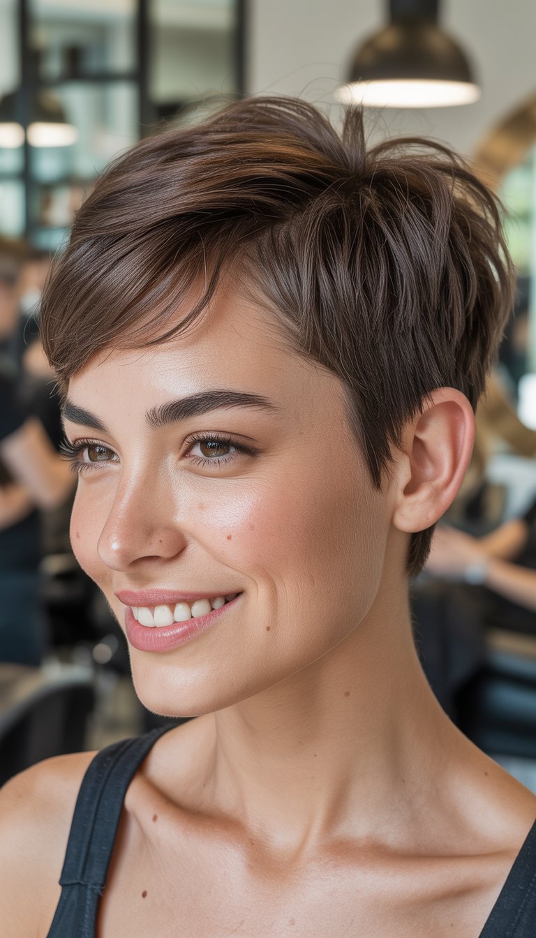 A woman with short hair and a side part smiling naturally in a softly blurred indoor setting.