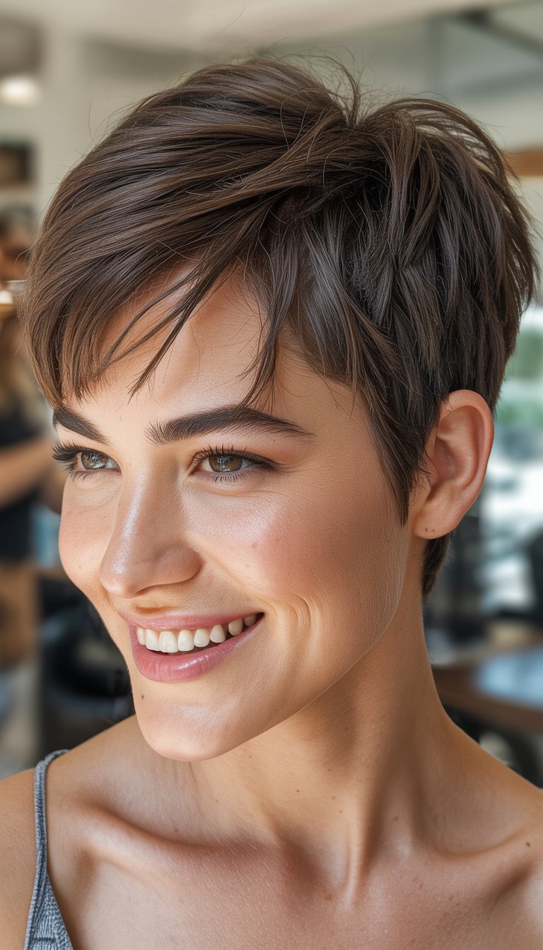 Portrait of a smiling woman with short layered hair, photographed in natural light.