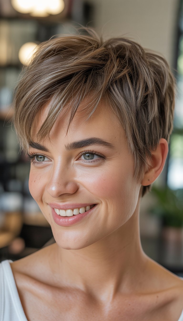 Close-up photo of a smiling woman with short layered hair, softly lit with a blurred background.
