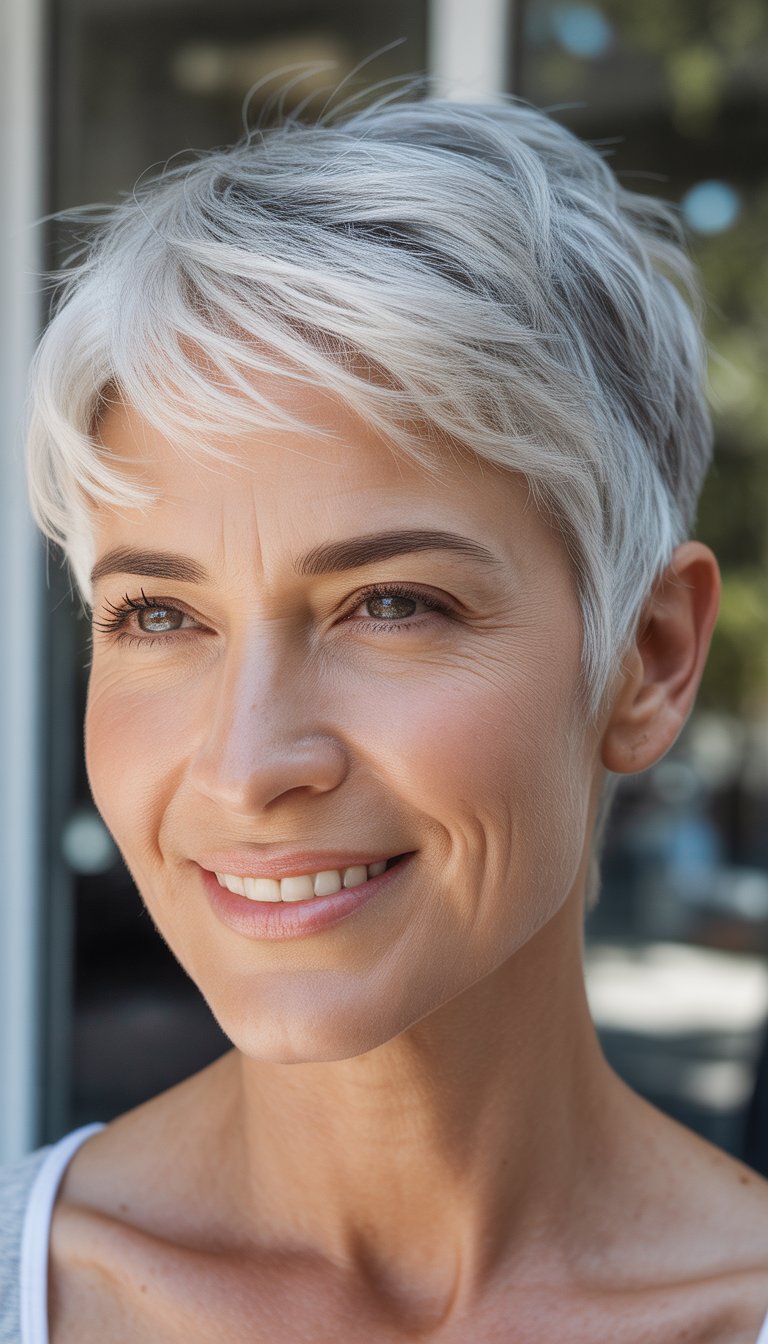 Portrait of an older woman with short silver hair smiling naturally against a softly blurred background.
