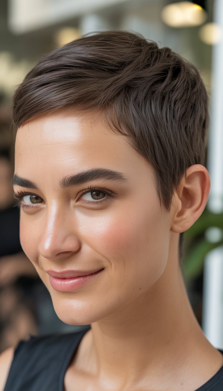 Close-up photo of a smiling woman with short hair, natural skin texture, and soft lighting.
