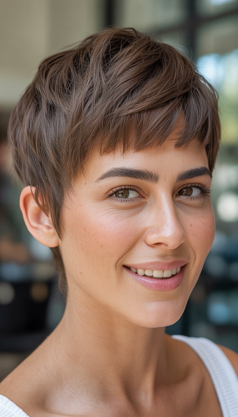 Close-up photo of a smiling woman with short layered hair, natural lighting, and a blurred background.