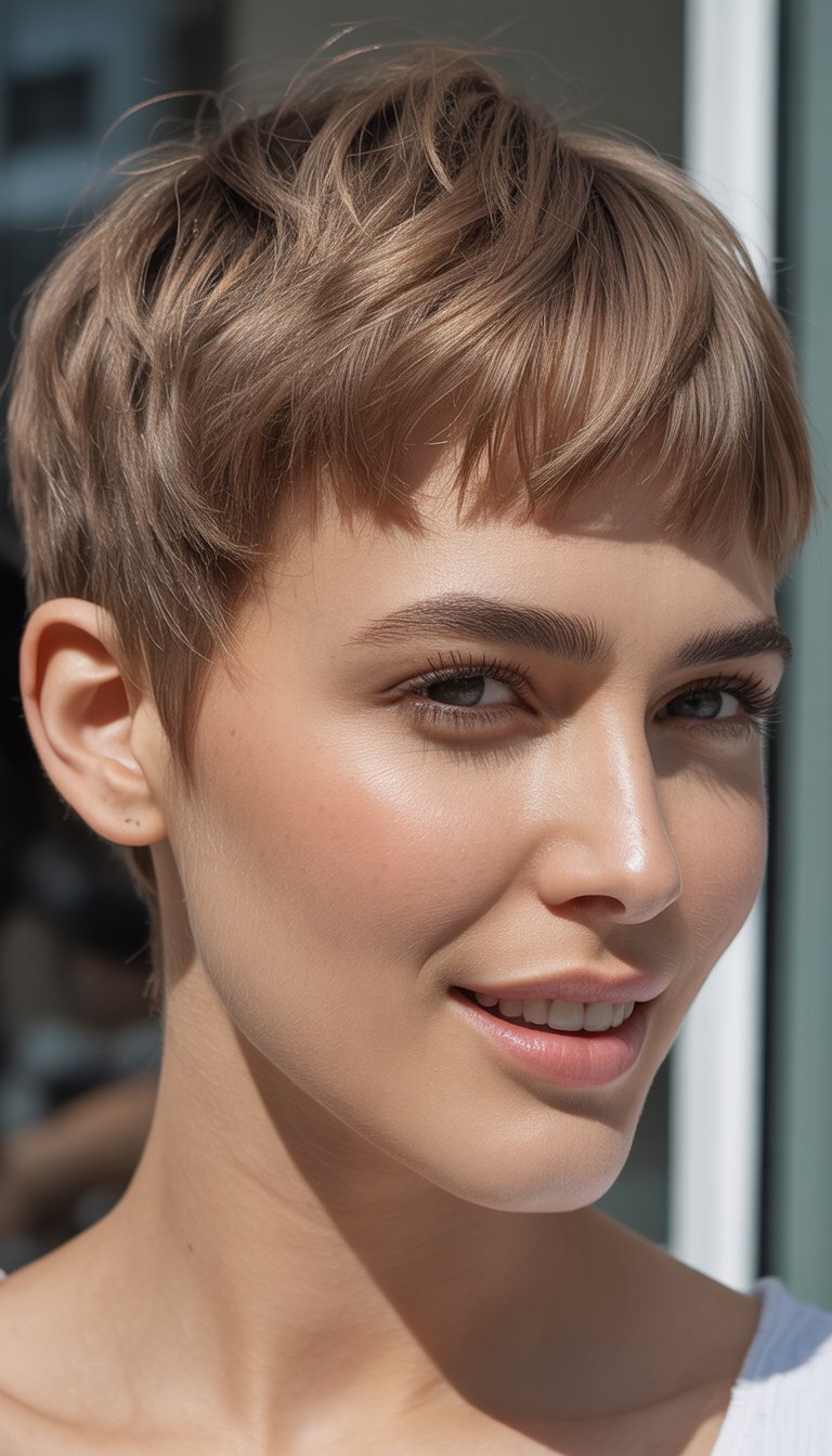 A close-up photo of a smiling woman with short hair and natural skin texture, looking slightly to the side.