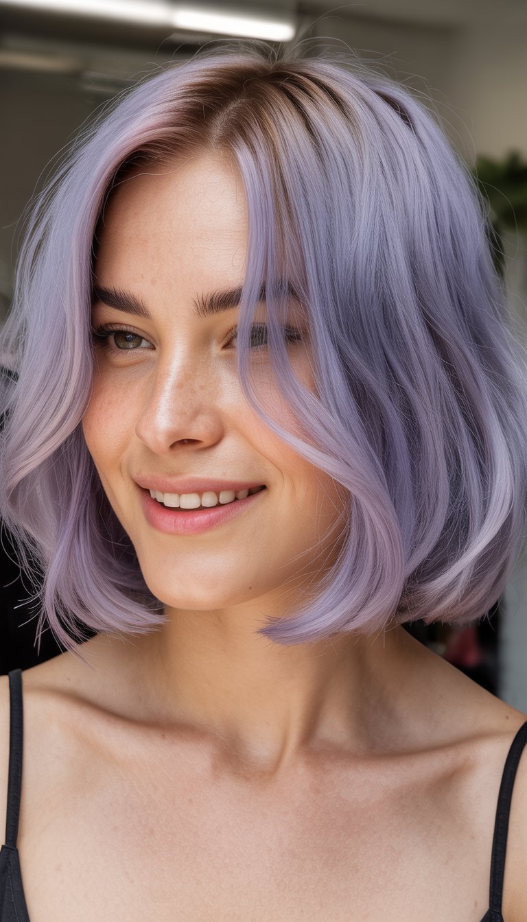 A woman with a lilac bob haircut and subtle pastel highlights smiling naturally in a softly lit close-up photo.
