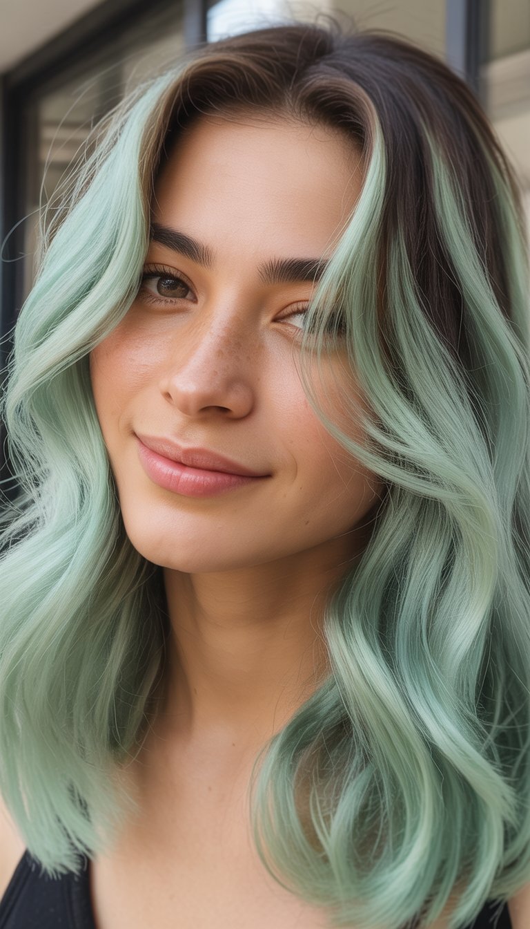 Close-up photo of a woman smiling with mint green ombre hair, looking at the camera.