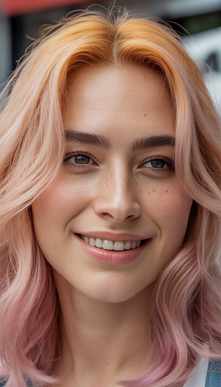 A woman smiling gently with pastel orange and pink hair, looking at the camera in a softly blurred background.