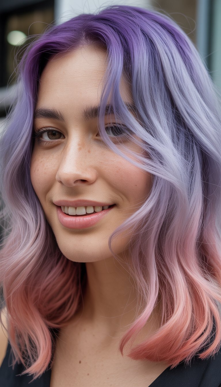 A woman smiling naturally with pastel purple to pink gradient hair in a close-up portrait.