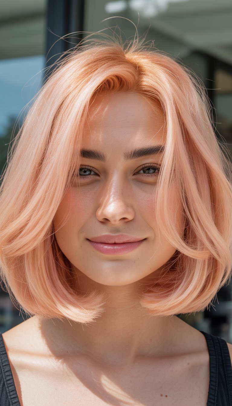 Close-up photo of a smiling woman with layered peachy pink bob hairstyle, natural skin texture, and soft lighting.
