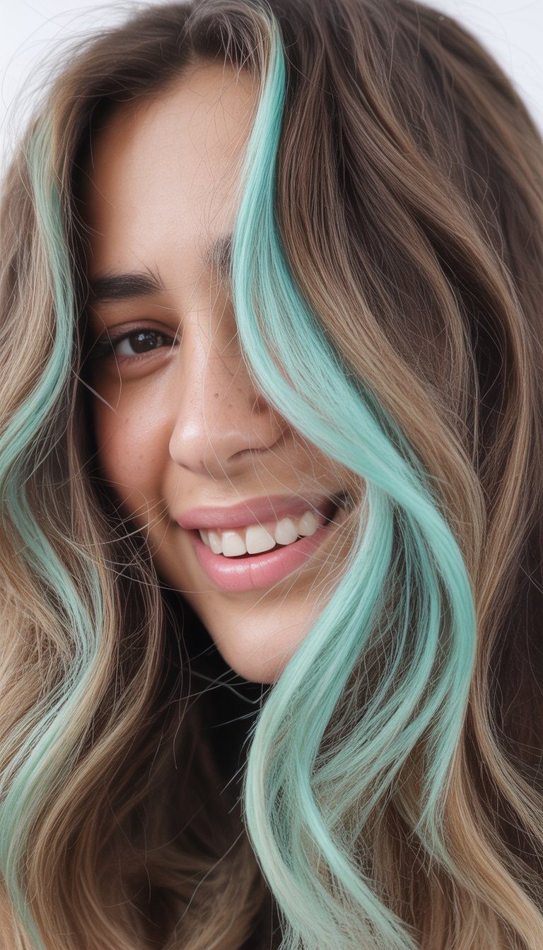 Close-up photo of a smiling woman with turquoise pastel highlights in her hair, looking at the camera.