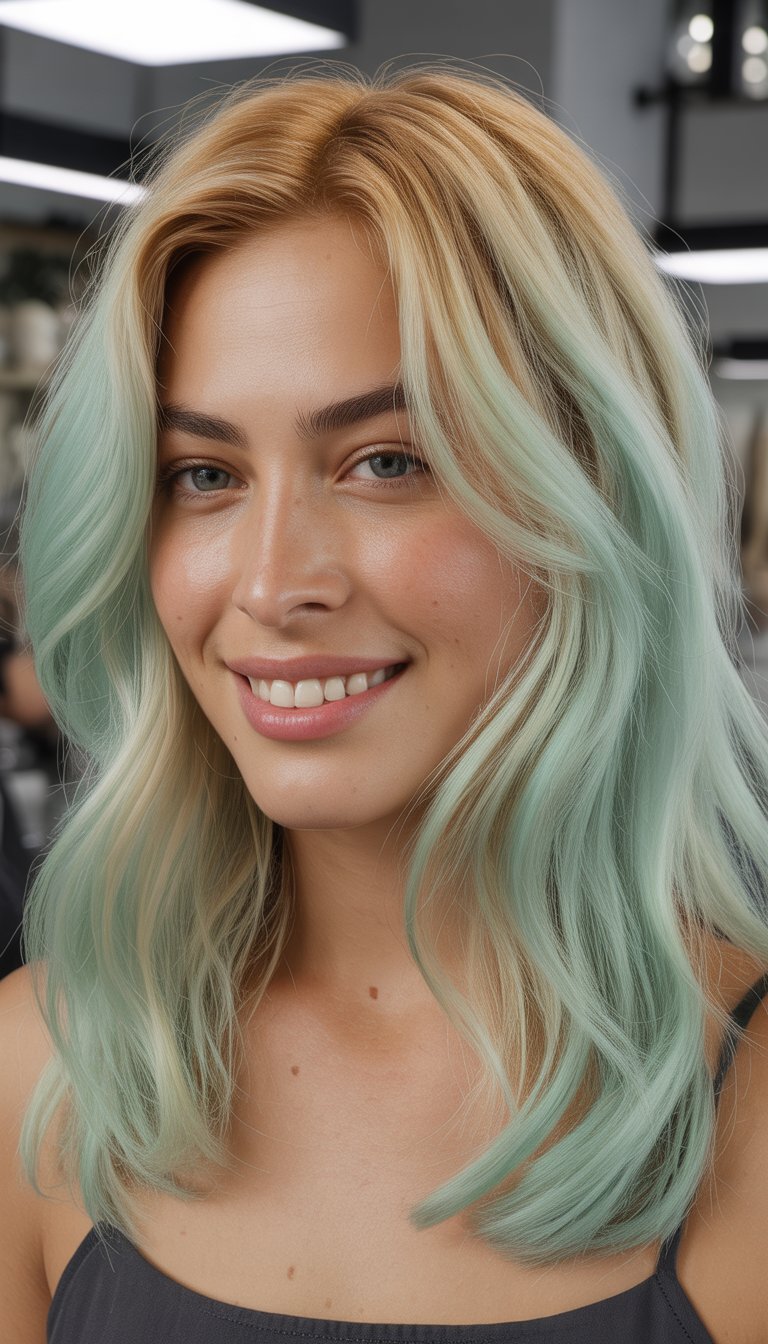 A smiling woman with mint pastel and sun-kissed blonde hair in a softly lit salon setting.