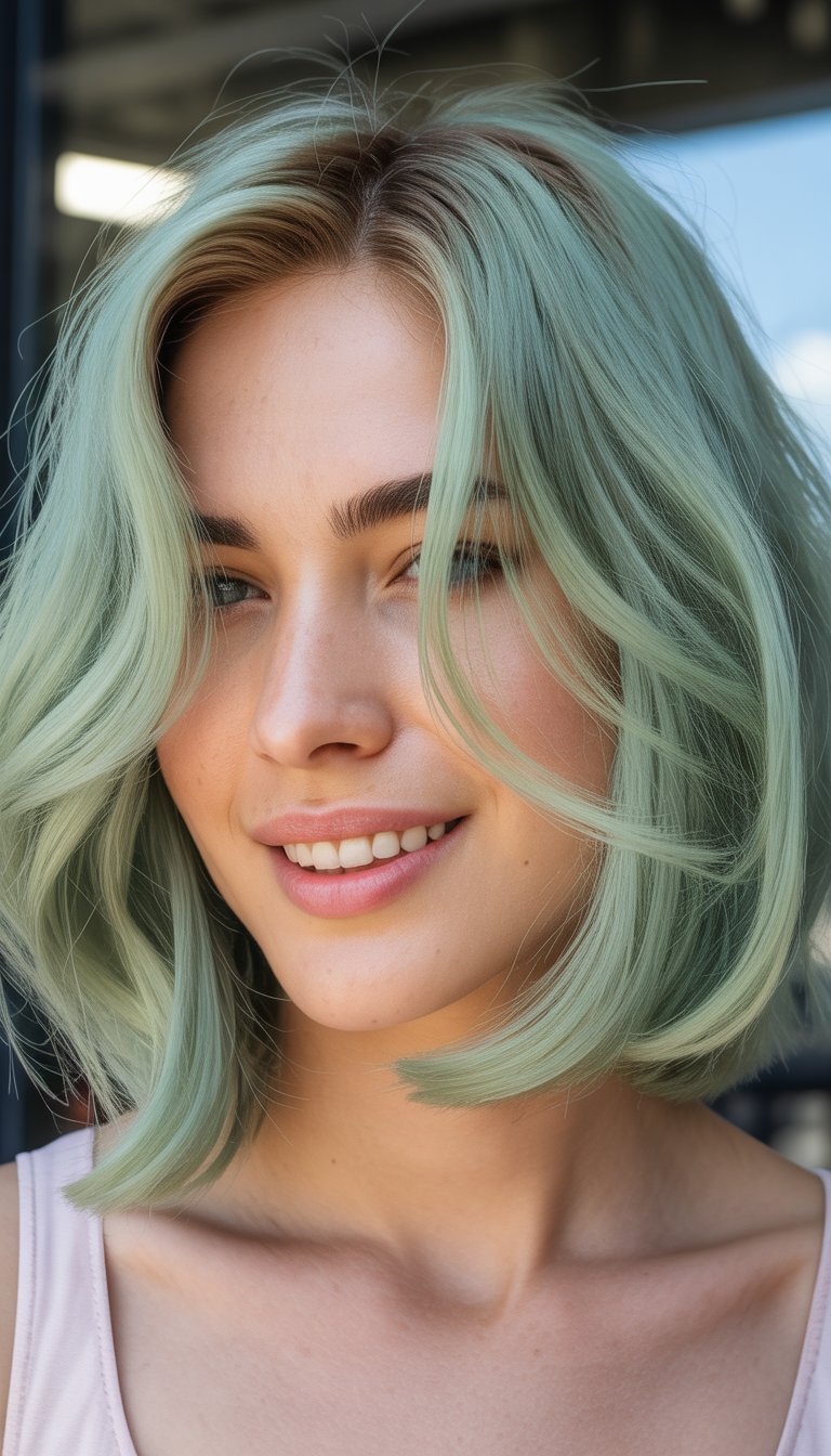 A woman with a short green bob hairstyle smiling naturally in a close-up photo.