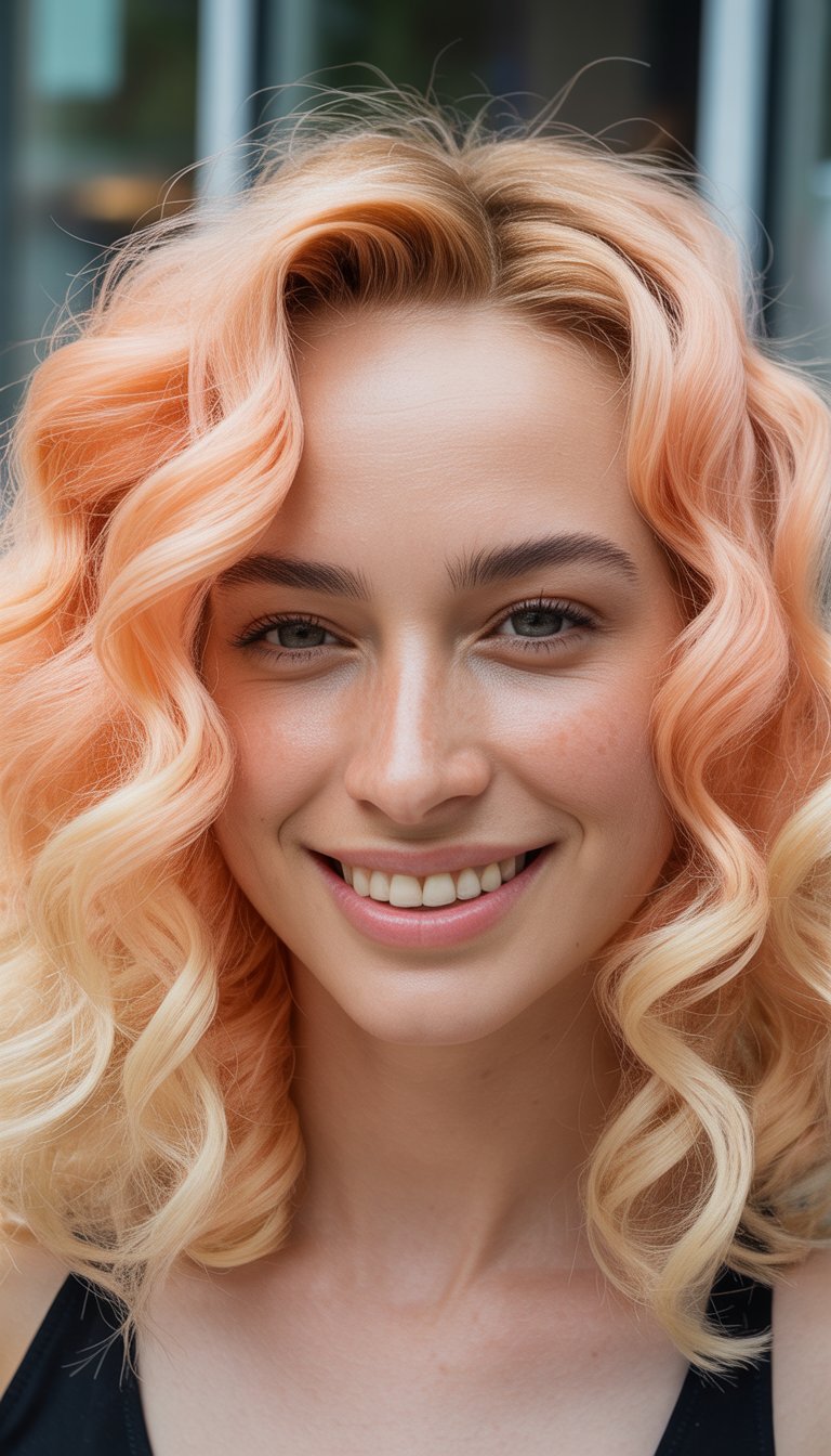 A close-up photo of a smiling woman with curly hair in peach and blonde tones, taken in natural light.
