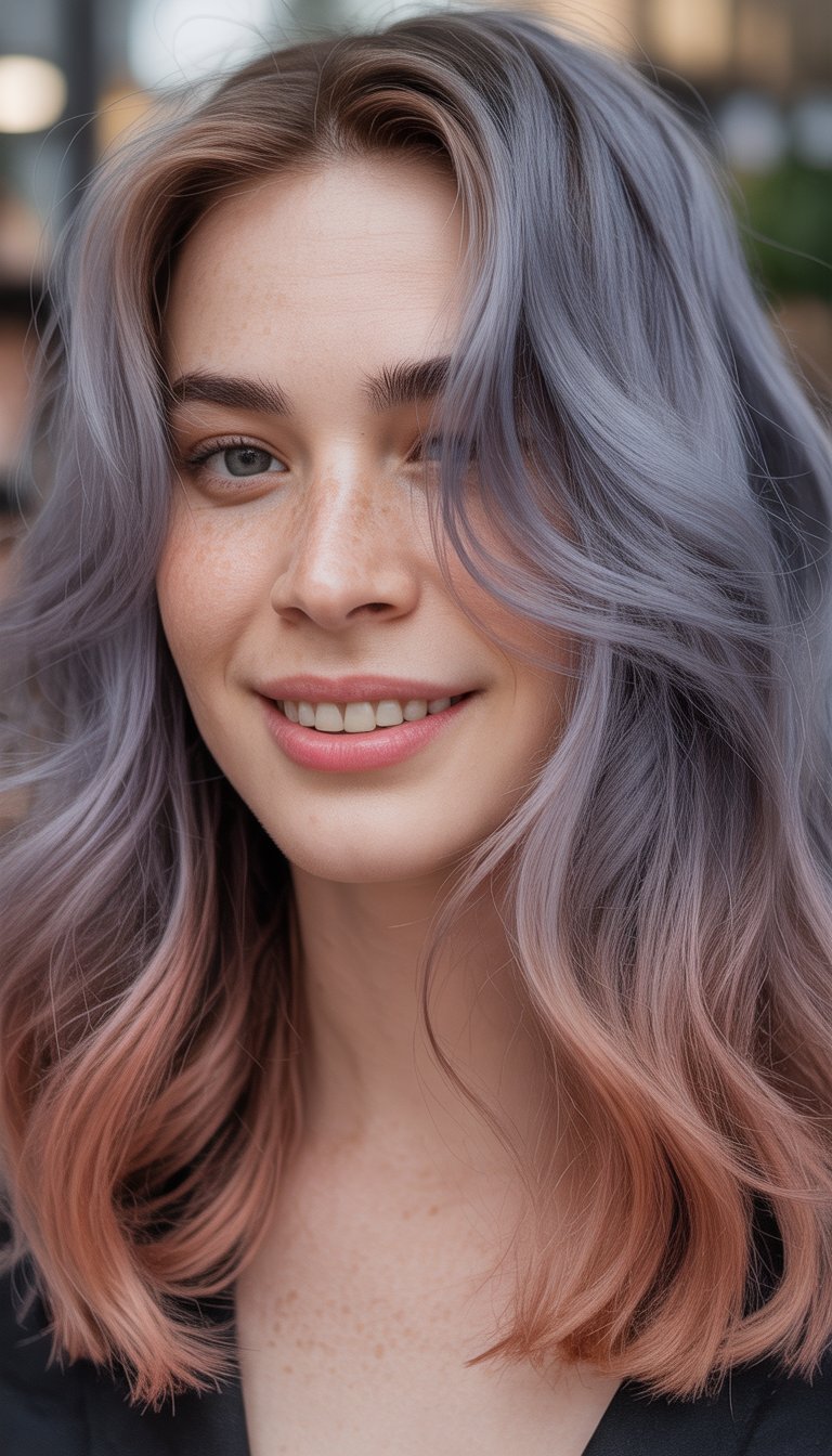Close-up photo of a smiling woman with pastel lavender and rose gold hair.