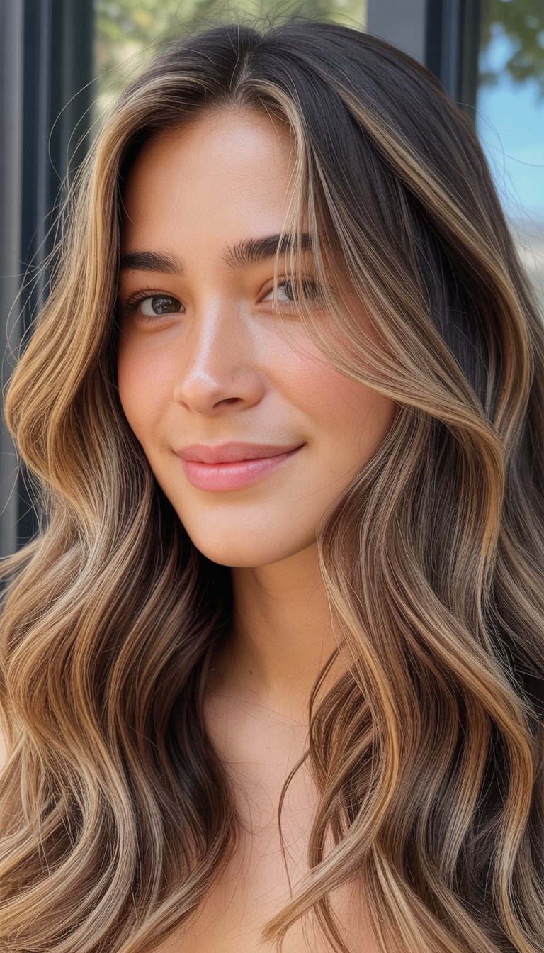 Close-up of a woman with wavy brown hair featuring subtle highlights, smiling softly at the camera.