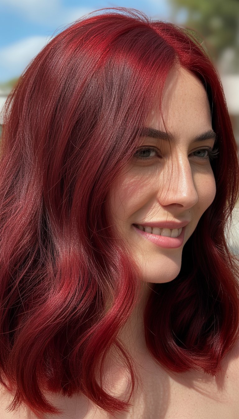 Close-up of a person with vibrant red hair smiling, their hair falling in soft waves, with a clear sky in the background.