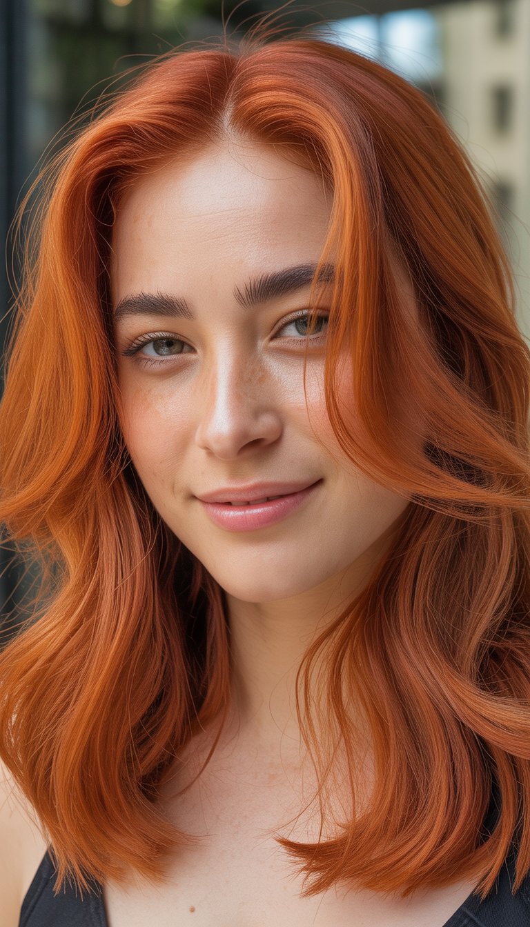 Close-up photo of a smiling woman with vibrant copper hair and natural skin texture.