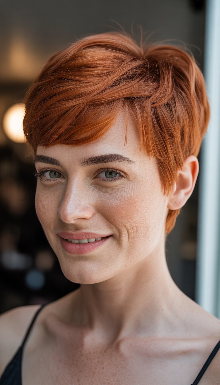 A smiling woman with short copper hair in a softly blurred background.