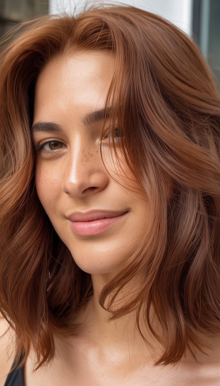 A close-up photo of a smiling woman with warm copper brown hair and natural skin tone.