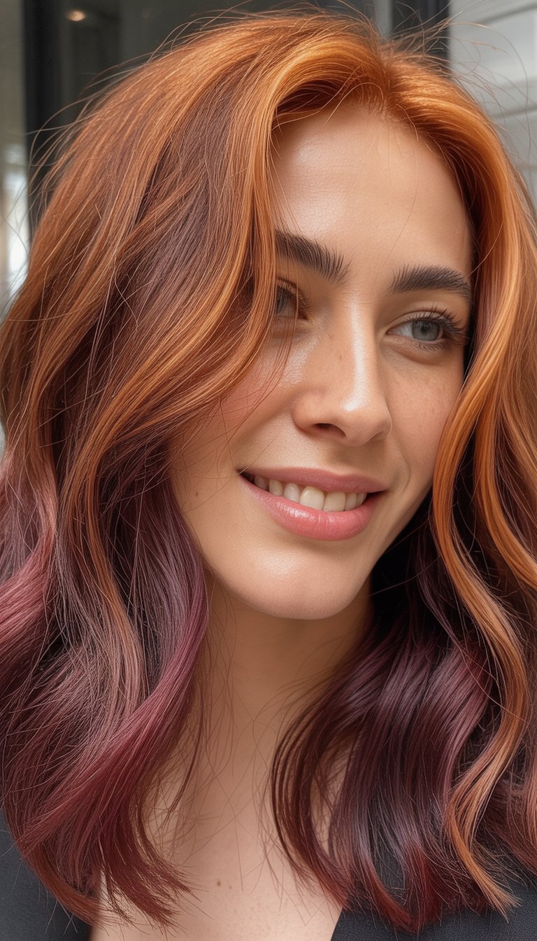 A woman with copper and burgundy hair smiling naturally in a close-up photo.
