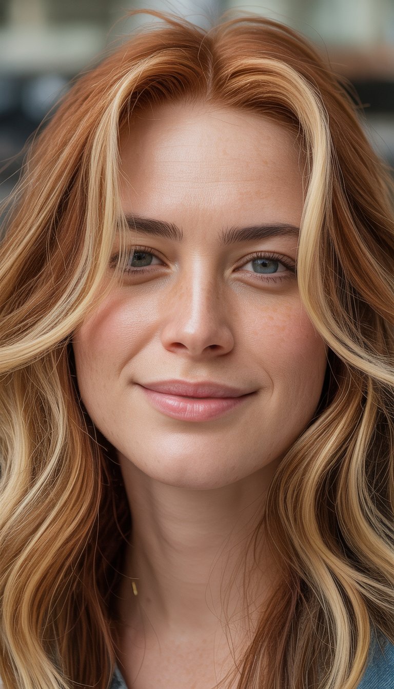Portrait of a woman smiling with copper hair and subtle blonde streaks.